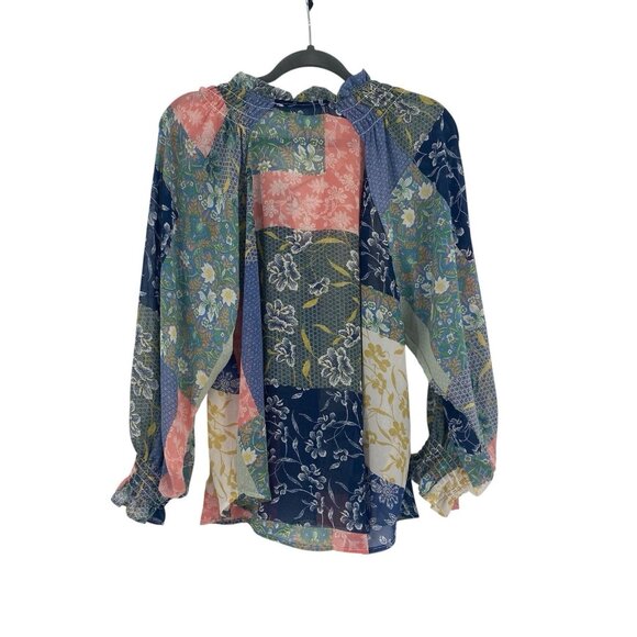 Bunulu Women's XL Mixed Print Boho Peasant Smocked Beaded Tie Front Blouse Sheer - Picture 3 of 13